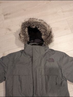The North Face Grey Hooded Parka with Faux Fur Trim